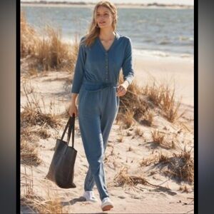 Garnet Hill Relaxed Fit French Terry Ankle Length V-neck Jumpsuit in Blue - M